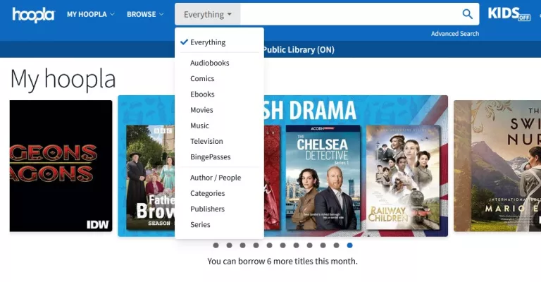 A screenshot of the hoopla home page showing a drop down menu to search by type of digital download and displaying the British Drama featured collection. In the top right you can see the Kids button.