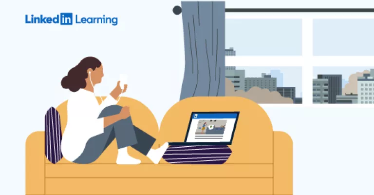 LinkedIn Learning logo on illustration of a woman sitting on couch as she watches a video on her laptop. She is wearing headphones.