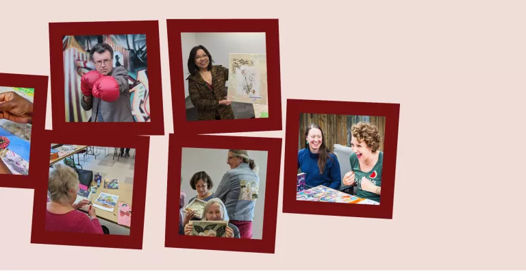 A collage of five headshot photos on a light green background. Photos are of Creative Age artists and performers Lucas Tens, Kevin Love, Patricia Vasconcellos, Denise Pelley and Dan Ebbs.