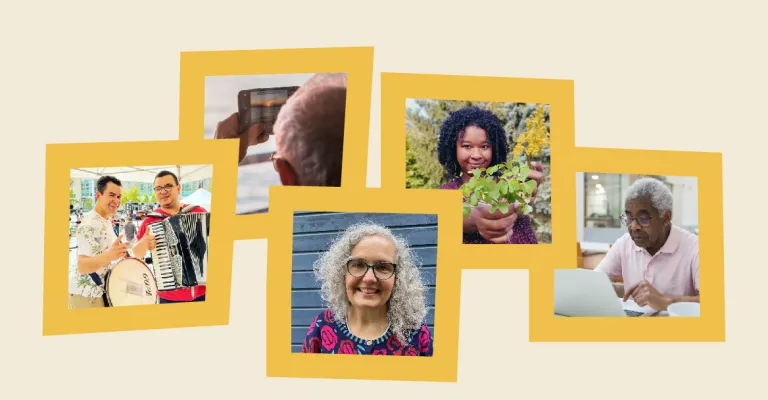 Snapshot style photos of two men with musical instruments, an older person looking at a tablet, older woman smiling, woman holding a green plant, older man looking at laptop.