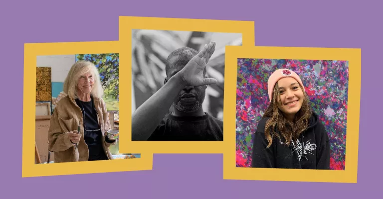 Snapshot style photos, older white-haired woman wearing smock painting in an art studio, man in his thirties holding his arm in front of his face in a theatrical pose, young woman in pink hat and black t-shirt standing in front of a painting.