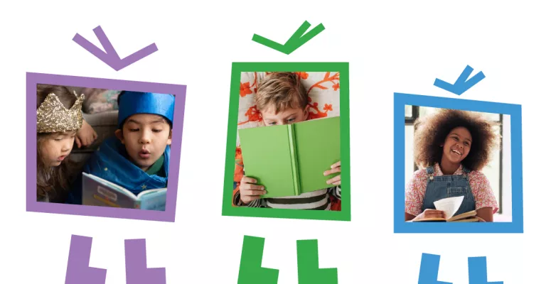 Framed snapshot-style photos of children reading books.