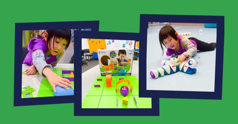 Three snapshot style photos: one of little girl playing with mouse and cheese coding game, girl playing with coding caterpillar toys, game box and board for mouse and cheese coding game.
