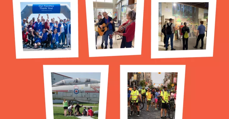 Snapshot style photos of volunteers: group of volunteers from Alheimers Society waving, 2 guitarists performing in a classroom, high school students gathered around a large painted mural, man talking to shcool children in front of a small airplane, large group of cyclists wearing neon safety vests.