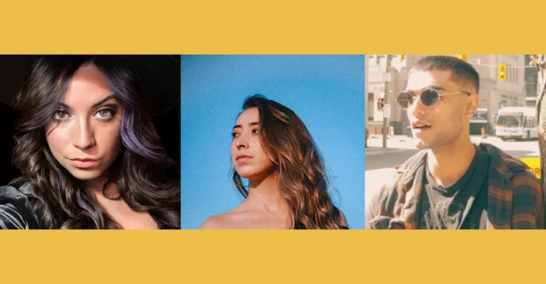 Headshot photos of three young people, 2 women, 1 man