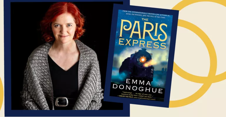 Author Emma Donoghue next to front cover of her new book The Paris Express featuring a train