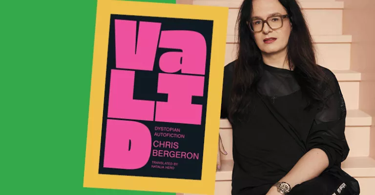 Cover of book Valid by Chris Bergeron next to a photo of the author sitting and leaning back on stairs.