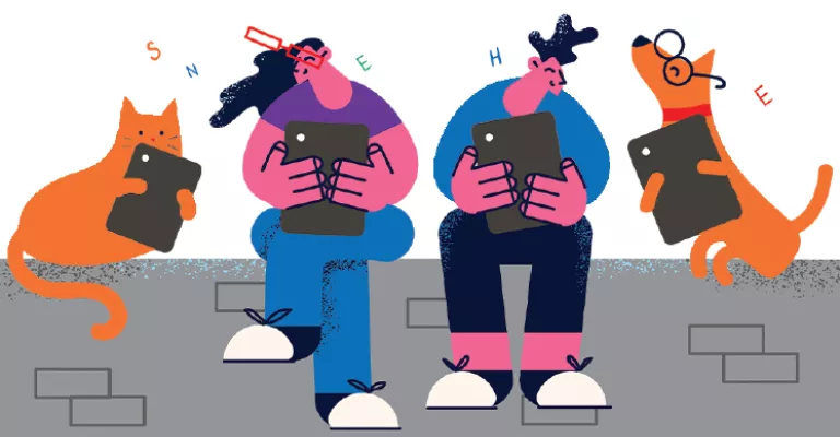 Animation of two people, a dog and a cat reading on electronic devices