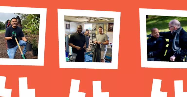 Three separate photos of people volunteering. One is gardening, the other features two men sorting clothing and the last is an older man and young child sitting together on a bench. 