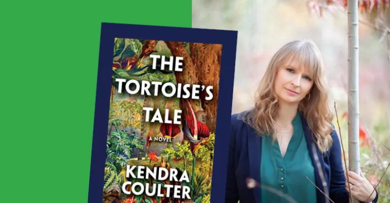 The cover of the book The Tortoise's Tale by Kendra Coulter and a headshot of the author.