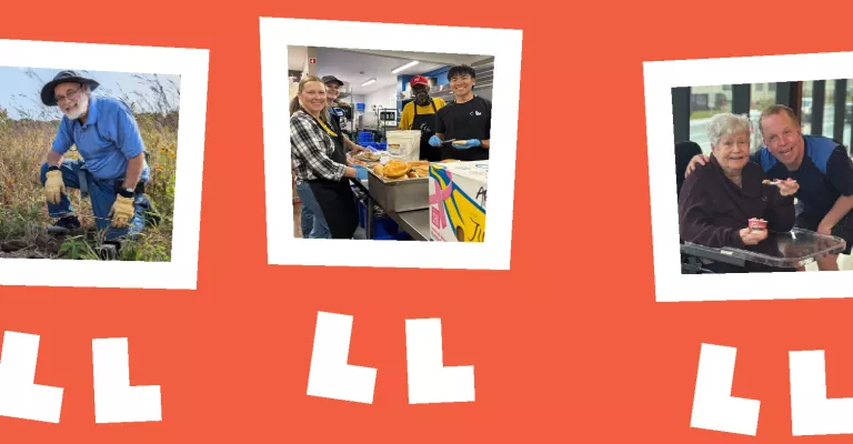 A bright orange graphic featuring three photos from a community volunteer fair. From left to right: a person gardening outdoors while volunteering, a group of volunteers preparing and serving food in a kitchen, and an older adult and a volunteer smiling while sharing a snack. The images highlight different ways people volunteer and support their community.