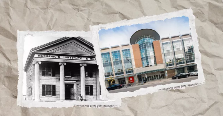 Photos of the Mechanic Institute and Central Library on a paper background.