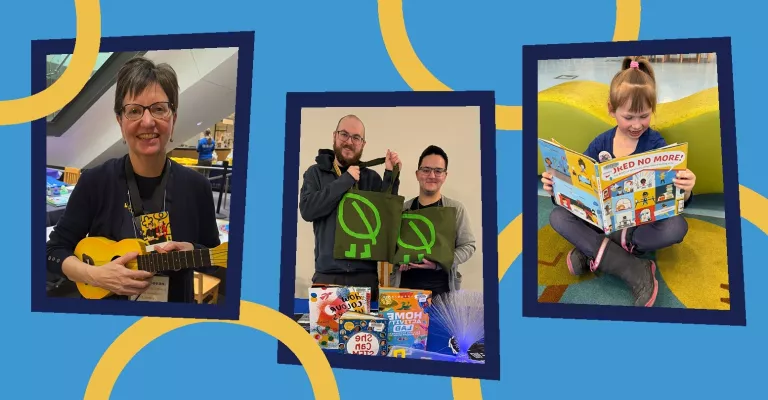 A blue graphic with yellow circles featuring three photos from the library. On the left, a library staff member smiles while holding a small yellow ukulele. In the centre, two people stand behind a table of children’s books and hold reusable green library tote bags. On the right, a young child sits on a colourful rug and reads a picture book inside the library.