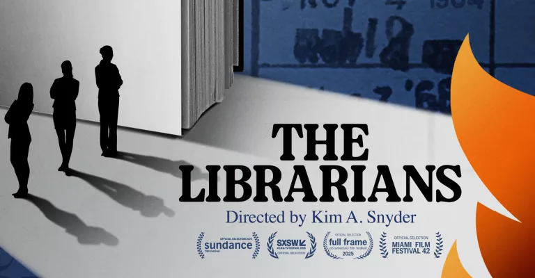 Promotional poster for The Librarians, showing stacked books and a library date-due card background, with the film title and director credit prominently displayed