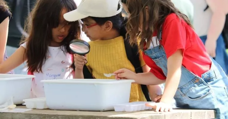 A girl holding a magnifying is surrounded by 2 girls looking on 