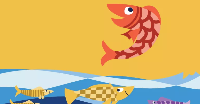 A red illustrated fish jumps out of the water what yellow and purple fish swim underneath