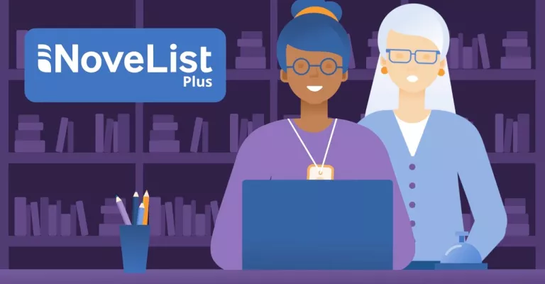 Illustrated graphic for NoveList Plus showing two library staff members standing behind a desk with a laptop. The NoveList Plus logo appears on the left, with bookshelves in the background.