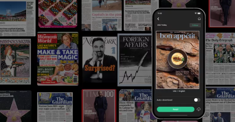 Magazines covers and the pressreader app open on a mobile phone