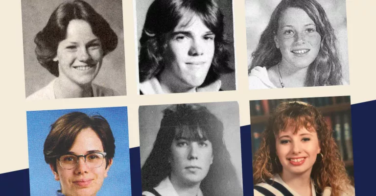 Collage of six cropped yearbook portraits on a cream and navy background. The photos show students from different decades in black and white and colour.