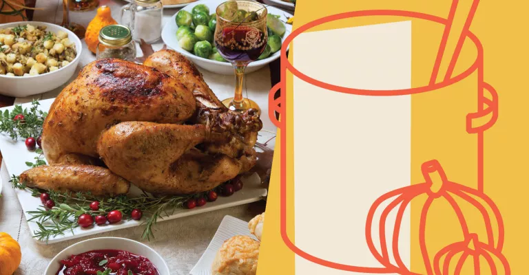 A roasted turkey surrounded by traditional holiday dishes beside an illustration of a blank recipe card, mixing bowl, spoon and pumpkins.