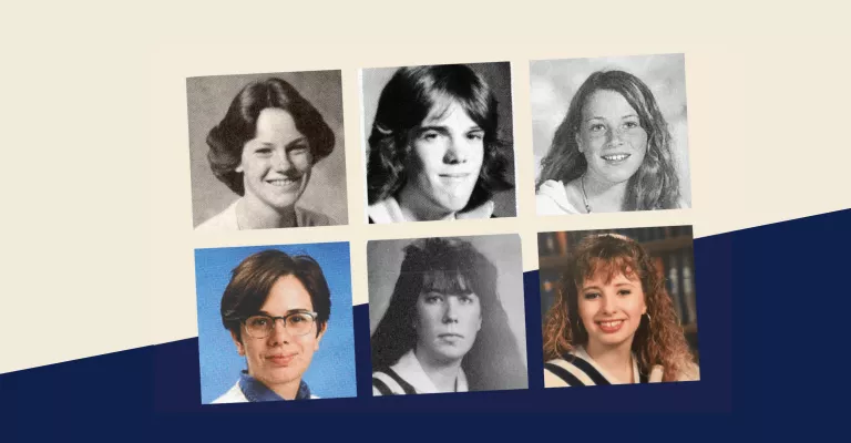Collage of six cropped yearbook portraits on a cream and navy background. The photos show students from different decades in black and white and colour.