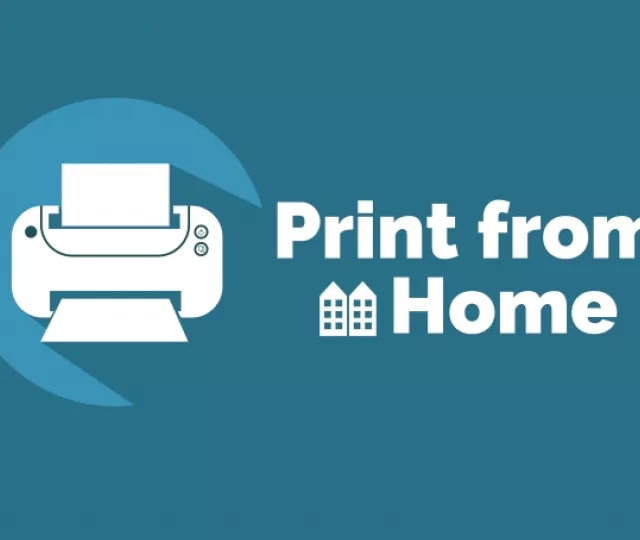 Graphic with white text reading Print from Home on blue background and white icon of a printer.