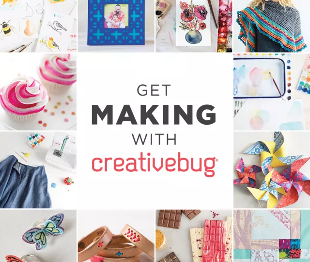 Creativebug logo surrounded by photos of art and craft projects.  Get Making with Creativebug.