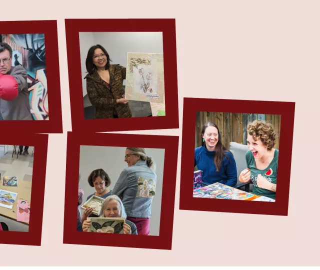 A collage of five headshot photos on a light green background. Photos are of Creative Age artists and performers Lucas Tens, Kevin Love, Patricia Vasconcellos, Denise Pelley and Dan Ebbs.
