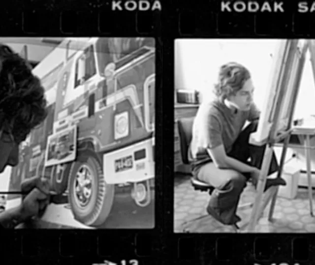 A vintage film strip showing two images of Rudy Sparkuhl in his studio painting.