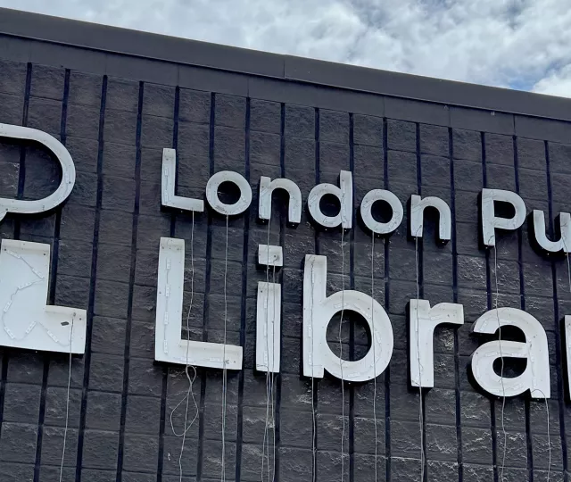 The new exterior London Public Library sign at Sherwood Branch library