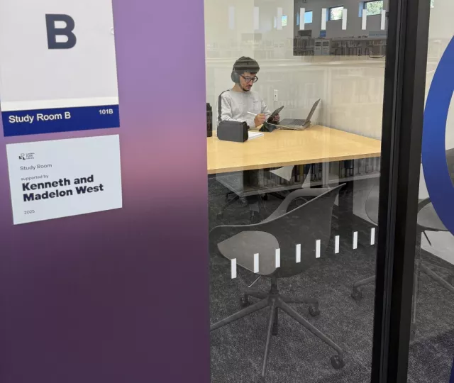 A person working in a study room at Sherwood Branch Library