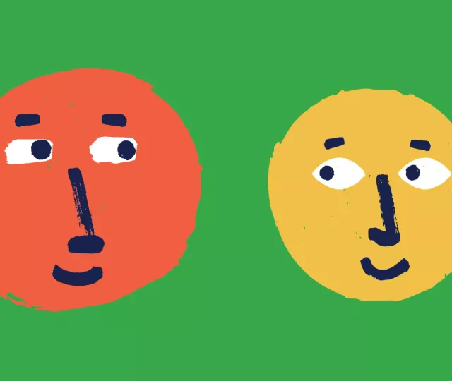 Two cartoon faces smiling and looking at each other