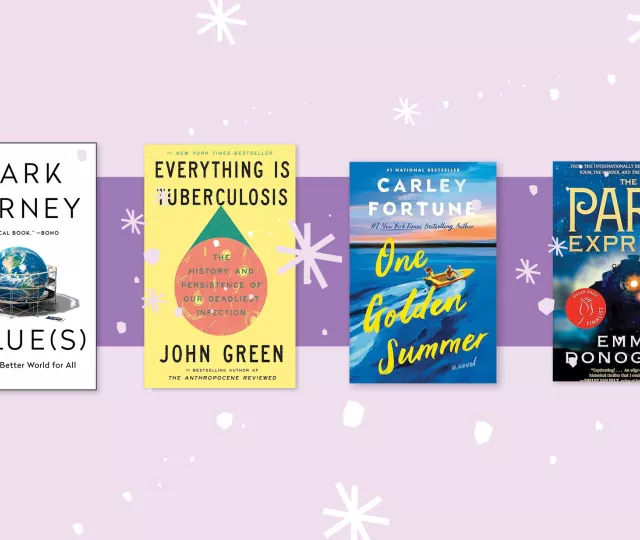 Six book covers displayed in a row on a light purple background with white starburst shapes. Titles include: A Truce That Is Not Peace by Miriam Toews, Value(s) by Mark Carney, Everything Is Tuberculosis by John Green, One Golden Summer by Carley Fortune, The Paris Express by Emma Donoghue, and River Is Waiting by Wally Lamb