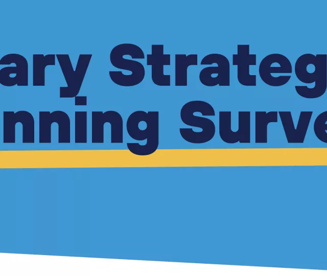 Library logo in yellow on medium blue background with the text Library Strategic Planning Survey in navy blue.