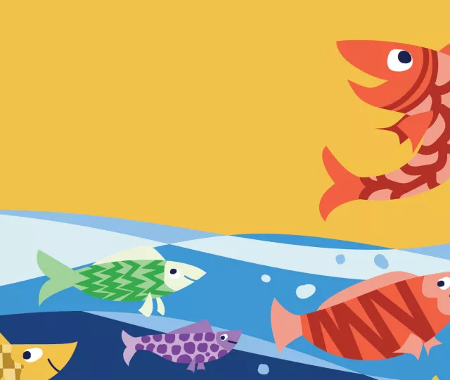 An illustration of fish swimming and jumping in the lake