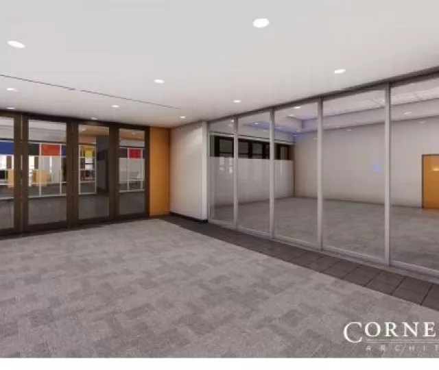 an architectural drawing showing glass panel walls enclosing the Crush Space area and the Stevenson and Hunt Meeting Room by Cornerstone Architecture
