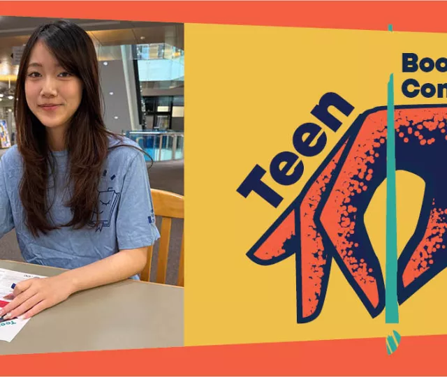A teenager creating a bookmark with makers and a an illustration of a hand holding a paint brush