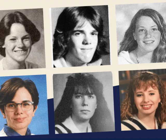 Collage of six cropped yearbook portraits on a cream and navy background. The photos show students from different decades in black and white and colour.