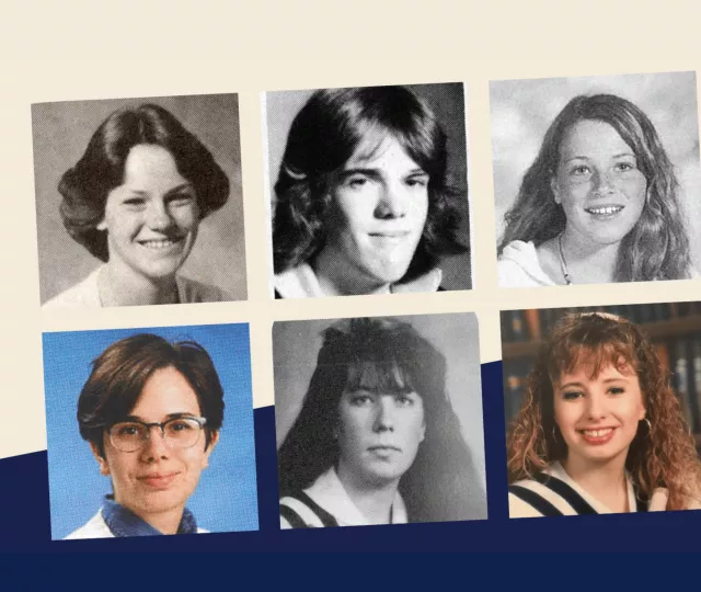 Collage of six cropped yearbook portraits on a cream and navy background. The photos show students from different decades in black and white and colour.
