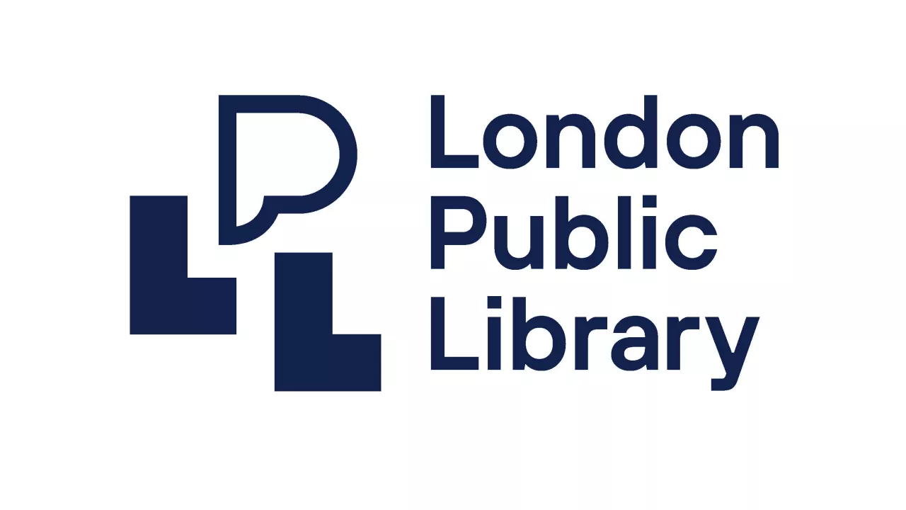 Navy blue London Public Library logo with LPL on the left and London Public Library stacked vertically on the right