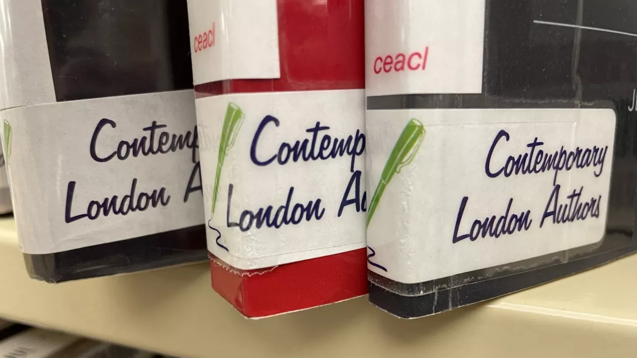 Photo of the spines of three paperback books each with a Contemporary London Authors sticker on their spine.