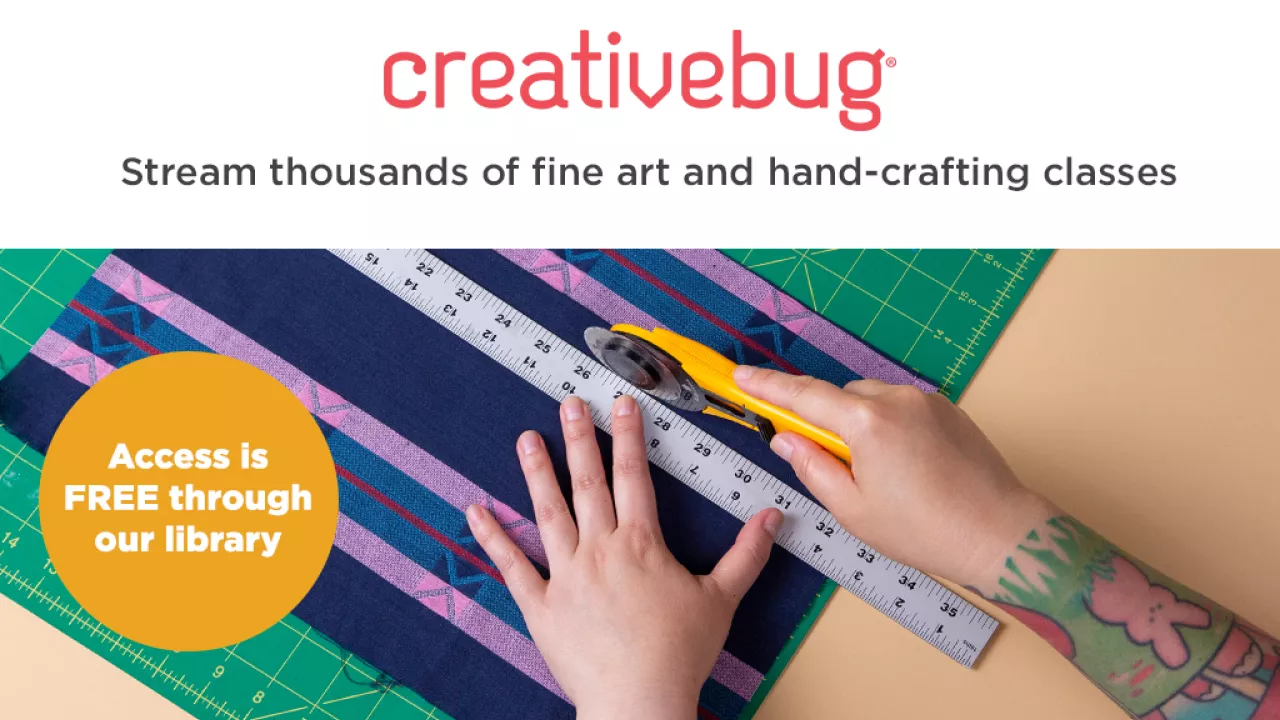 Photo showing someone's arms using a cutting wheel and mat to cut strips of fabric. On the photo is a Creativebug logo and text reading Stream thousands of fine art and hand-crafting classes