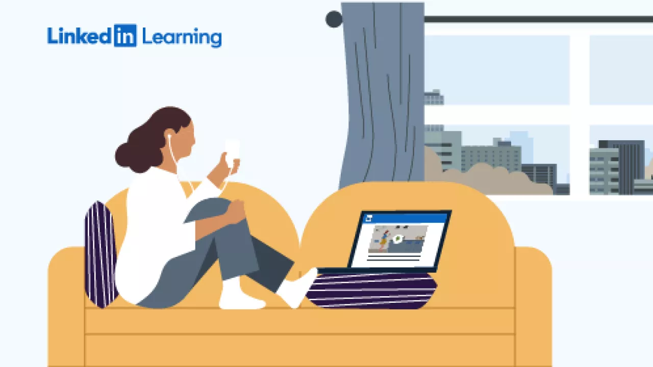 LinkedIn Learning logo on illustration of a woman sitting on couch as she watches a video on her laptop. She is wearing headphones.