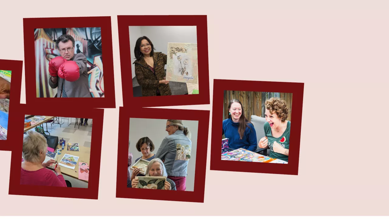 A collage of six headshot photos on a light red background. Photos are of Creative Age artists and performers as well as people attending events