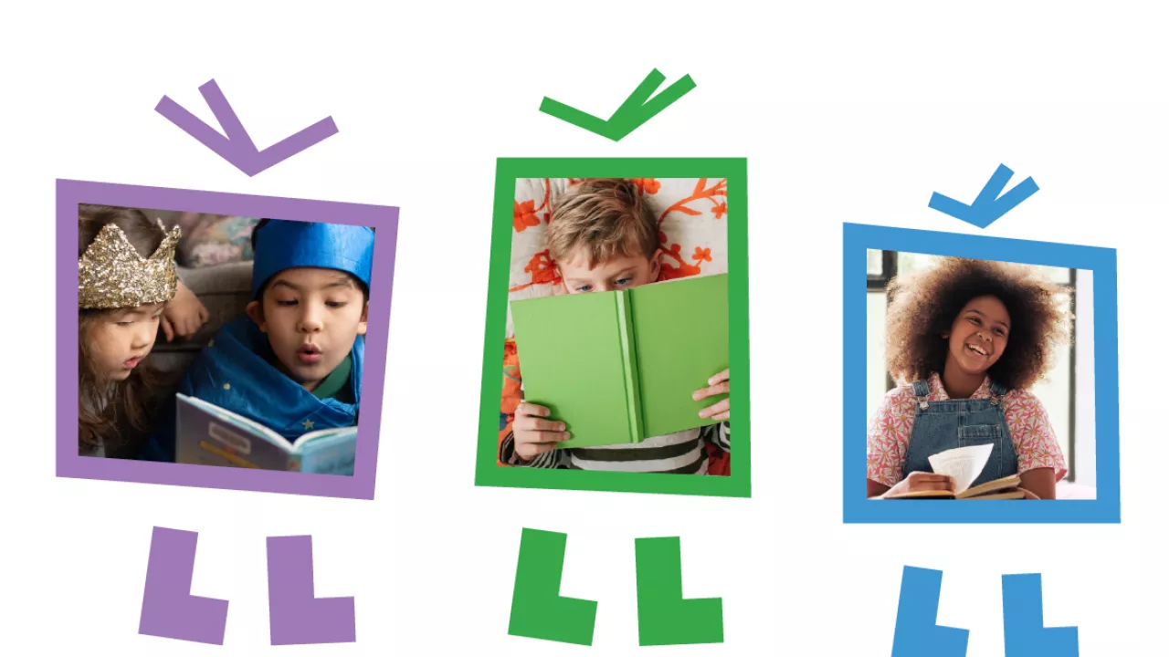 Framed snapshot-style photos of children reading books.