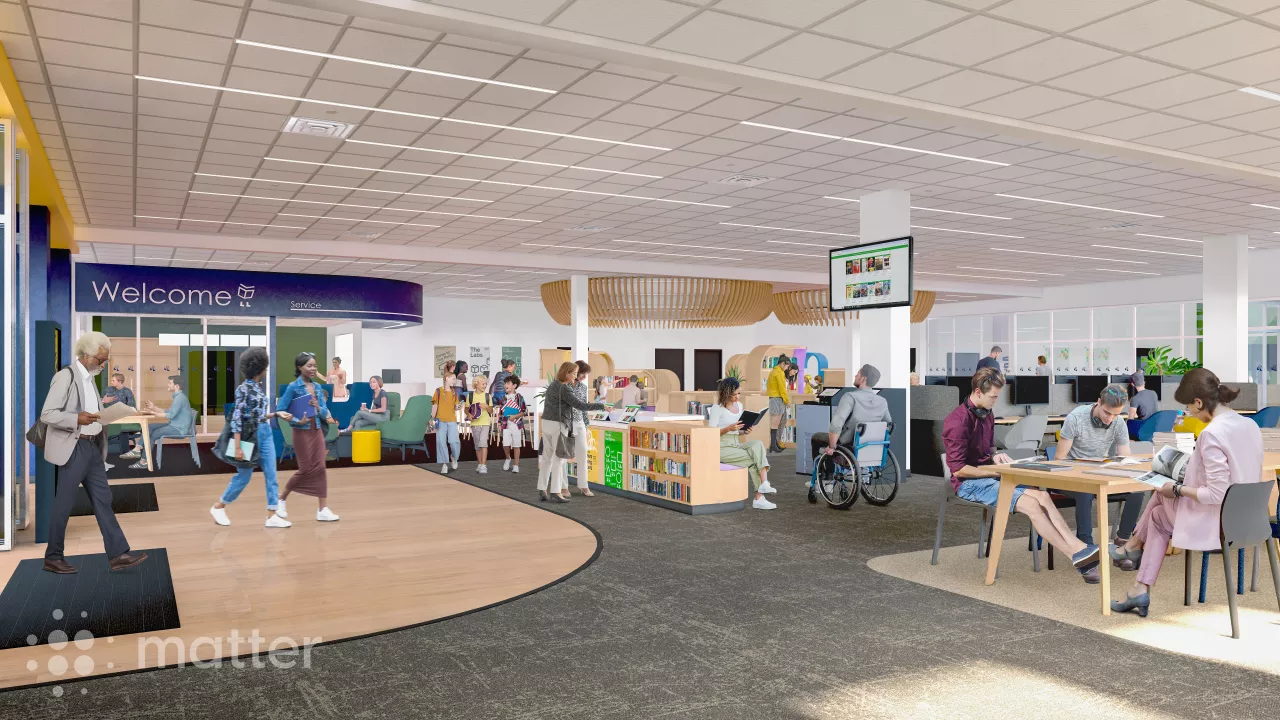 Illustration of new area looking at reception desk at Sherwood Branch Library
