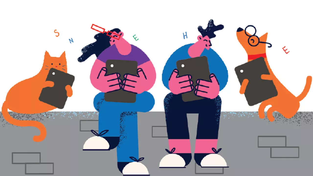 Illustration of two people, cat, and a dog sitting on a brick ledge all reading on digital devices
