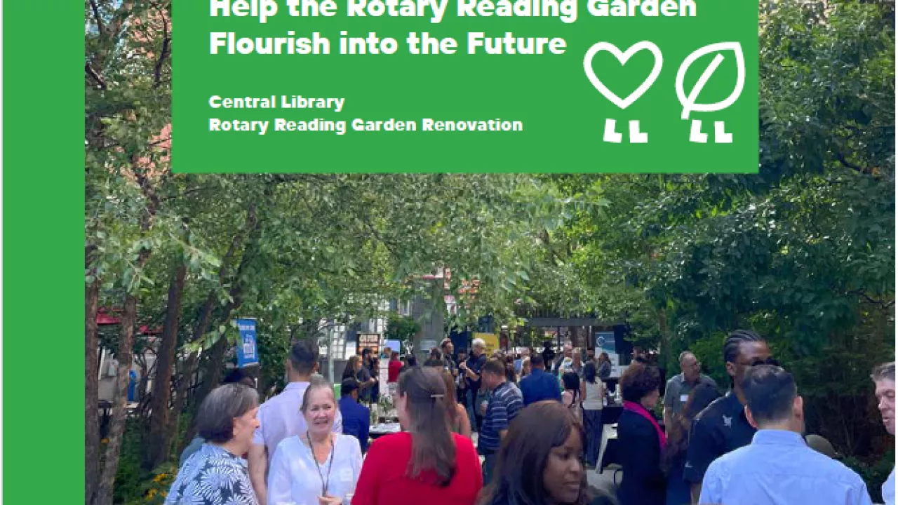 Text block on top of a photo of the Reading Garden reads Help the Rotary Reading Garden Flourish into the Future