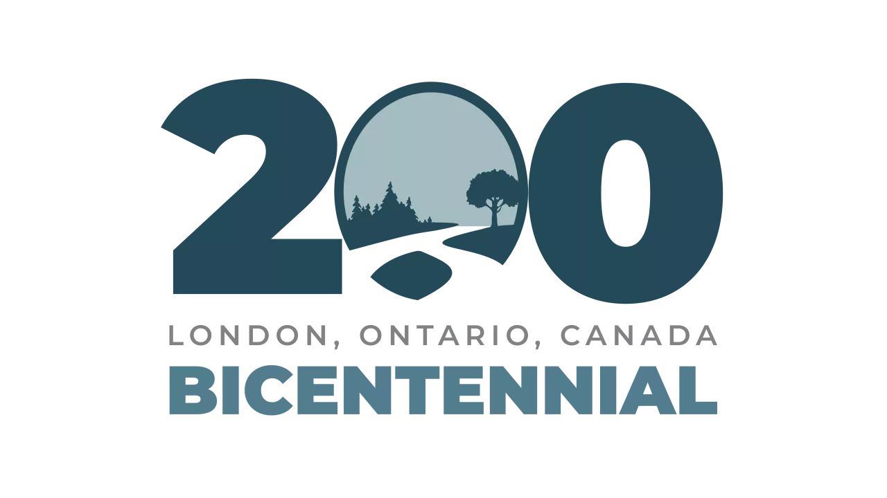 The City of London's Bicentennial Logo in dark teal green featuring the number 200 with the middle zero featuring an illustration of a path through trees. 200 London, Ontario Canada Bicentennial