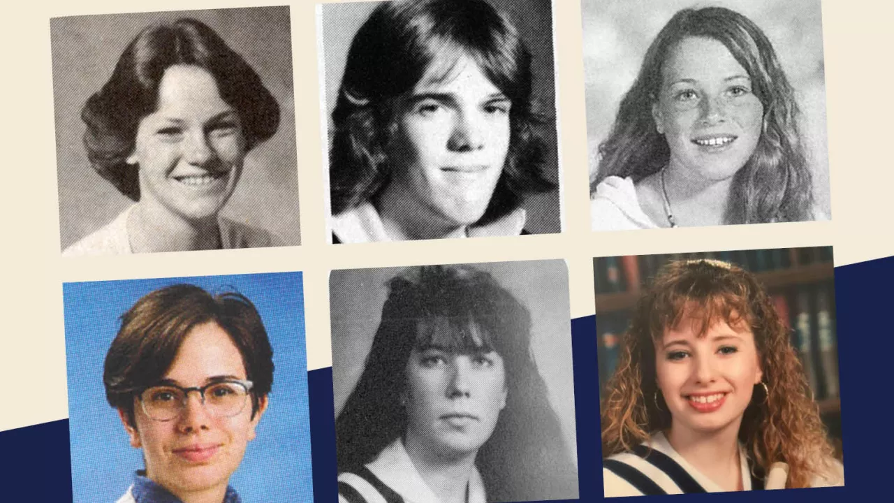 Collage of six cropped yearbook portraits on a cream and navy background. The photos show students from different decades in black and white and colour.